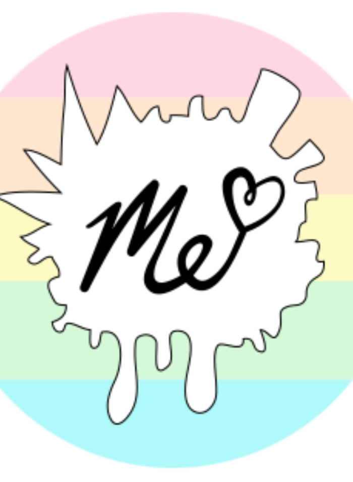 Circular sticker with 'me' and heart design on a pastel rainbow background